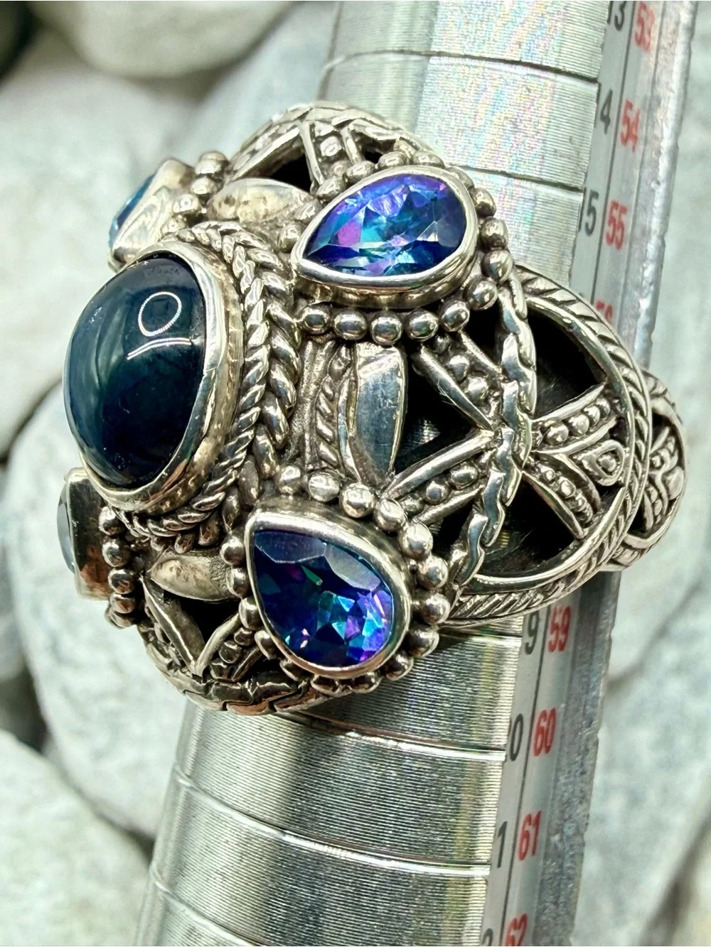 Vintage SARDA 925 Sterling Silver Sapphire Blue Topaz Statement Ring Size 8 EUC
